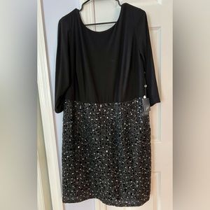 NWT Adrianna Papell Cocktail Dress- Black 3/4 Sleeve with Sequin Skirt- 16W